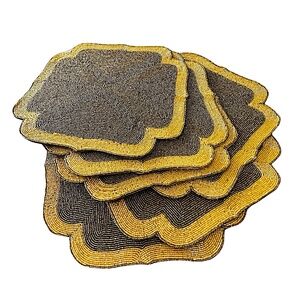ENLIVEN Handmade Beaded Square Placemat Charger Centerpiece 14” (lot of 6) Gold